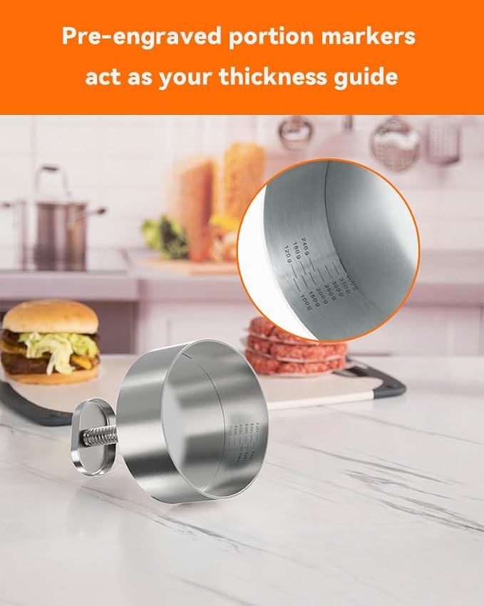 Brigii 304 Stainless Steel Burger Press, 4.5" Hamburger Press Patty Maker | Spring back design, thickness guide 100g-400g, easy release, no coating, no rust, dishwasher safe, for ground beef patties