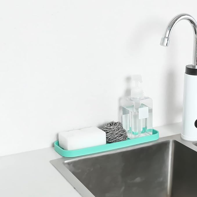 MicoYang Silicone Kitchen Sink Organizer Tray for Multiple Usage,Eco-Friendly Sponges Holder for Kitchen Bathroom Counter or Sink,Dish Soap Dispenser,Scrubber,Bottle,Cup (Mint, 12"×4")
