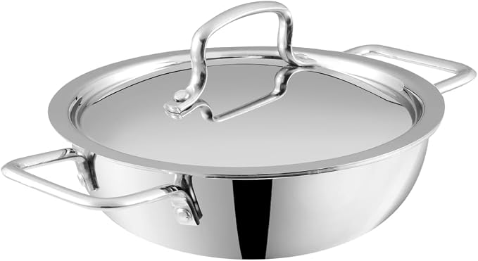 Vinod Platinum Triply Kadai, Extra Deep, 20cm, Induction, for Home Kitchen | Stainless Steel Wok For Sauces, Stews And Soups; Electric Stove Compatible, Durable Tri-Ply Base