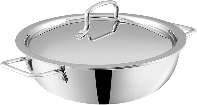 Vinod Platinum Triply Kadai, Extra Deep, 26cm, Induction, for Home Kitchen | Stainless Steel Wok For Sauces, Stews And Soups; Electric Stove Compatible, Durable Tri-Ply Base