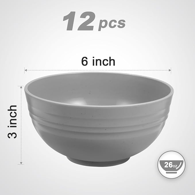 HEYCOME 12 Pcs Unbreakable Cereal Bowls Set, 26 Oz Wheat Straw Bowls Set, Microwave & Dishwasher Safe Bowls for Kitchen, Reusable Plastic Bowls for Soup, Salad and Snack, BPA Free, Light Gray