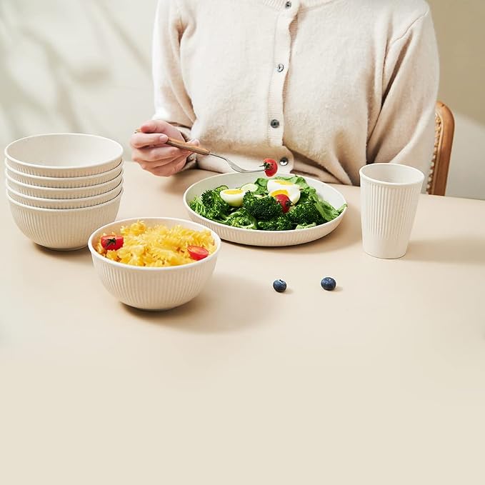 18pcs Wheat Straw Dinnerware Sets HXYPN Unbreakable Reusable Dinnerware Set | Kitchen Cups Plates and Bowls Sets Dishwasher Microwave Safe Plates