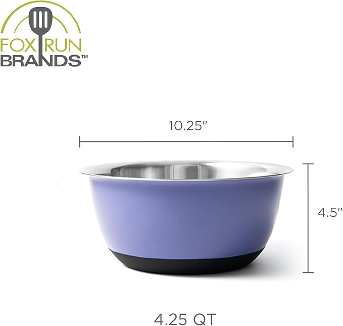 Fox Run Stainless Steel Mixing Bowl, 4.25 Quart Purple Mixing Bowl | Non-Skid Base For Easy Mixing | Cute Purple Design | Double Wall Stainless Steel Mixing Bowl For Temperature Retention