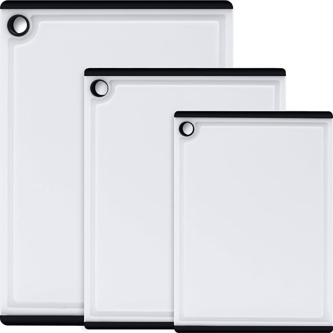 Kikcoin Plastic Cutting Boards for Kitchen, 3-Piece Large Cutting Board Set Dishwasher Safe Chopping Boards with Non-slip Feet and Juice Grooves, White