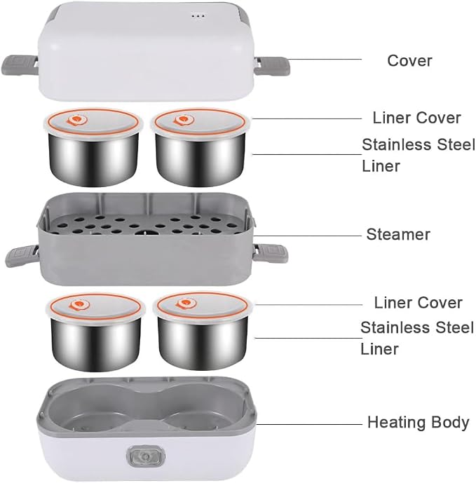 Electric Cooker, Mini Lunch Box 2L, 200W, 4 Stainless Steel Tiers | Pordtable Rice Raw Food Warmer Cooker, 2-Layer Steamer for Office, Travel & Dorm