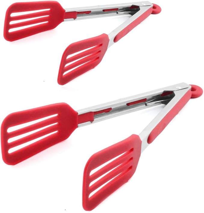 Cooking Tongs 9" and 12" Stainless Steel Kitchen Silicone Serving Tongs | Heat Resistant Meat Turner Spatula Tong Fish Tongs for Grilling Steak Salad Pasta Buffet Serving (Red)