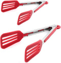 Cooking Tongs 9" and 12" Stainless Steel Kitchen Silicone Serving Tongs | Heat Resistant Meat Turner Spatula Tong Fish Tongs for Grilling Steak Salad Pasta Buffet Serving (Red)