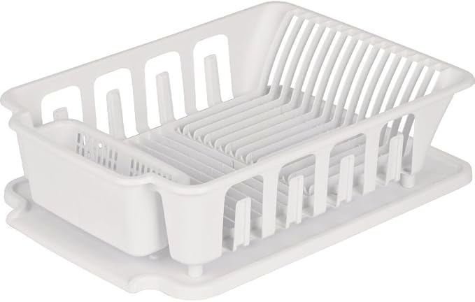 STERILITE 2-Piece Large Sink Set Dish Rack Drainer, White (18 L x 13 3/4" W x 5 1/2" H), 3/4" L x 3/4" W x