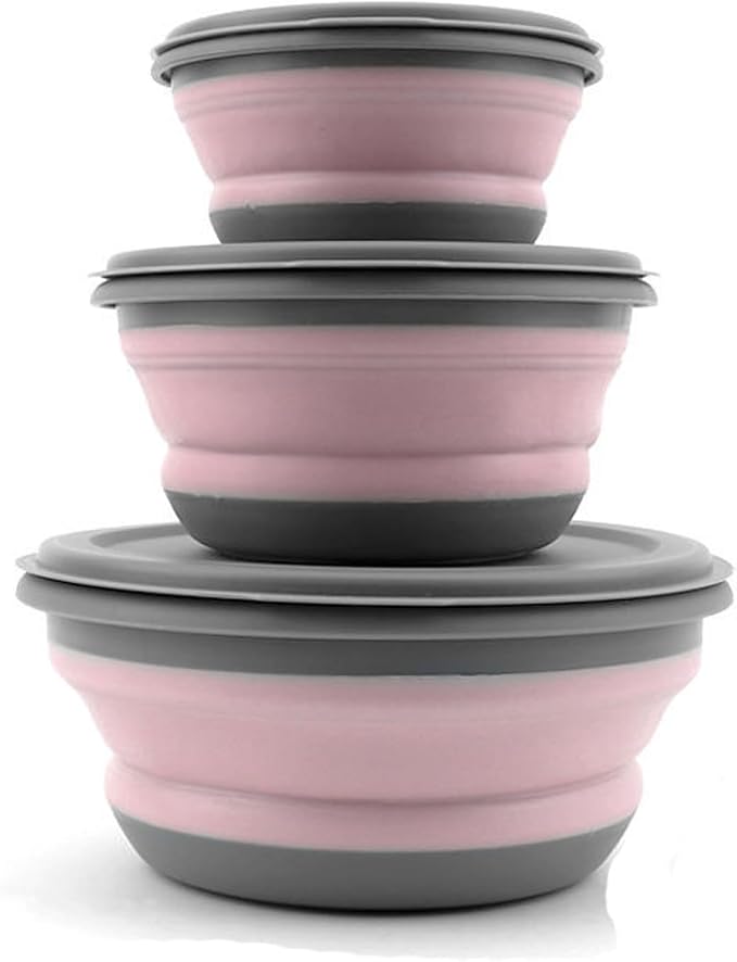Collapsible Bowls, 3pcs Food Grade Silicone Camping Bowl Salad Bowl with lids, Portable Expandable Lunch Box Food Storage Container for Camping Travel and Picnic (Pink)