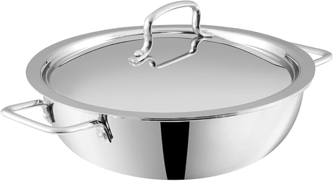 Vinod Platinum Triply Kadai, Extra Deep, 32cm, Induction, for Home Kitchen | Stainless Steel Wok For Sauces, Stews And Soups; Electric Stove Compatible, Durable Tri-Ply Base