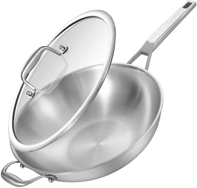 Inqibee 14 Inch Stainless Steel Wok Pan with Lid, Detachable Handle | Uncoated Tri-Ply Stainless Steel Stir Fry Pan, Everyday Cooking Wok for Induction, Flat Bottom, Dishwasher & Oven Safe