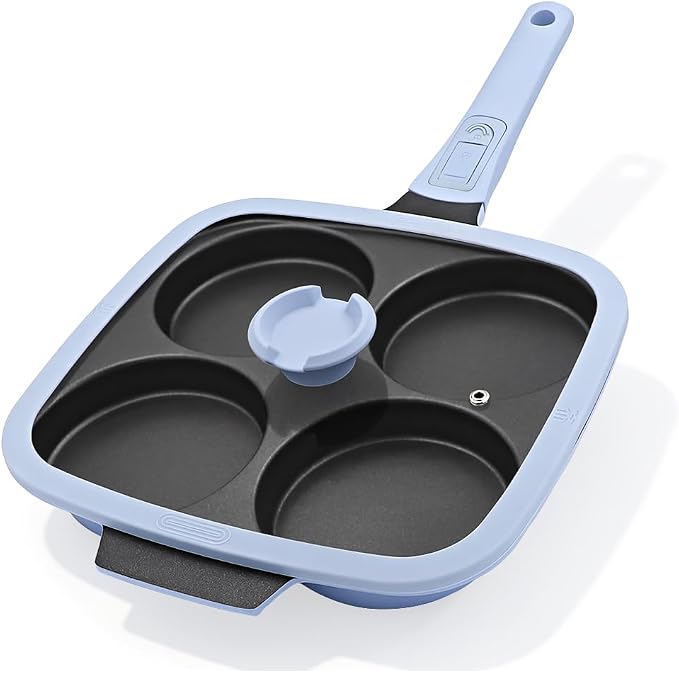 RANX INGST 4-Cup Egg Pan Nonstick with Lid 10 Inch Large Pancake Pan, Blue | Detachable Handle, Omelette Skillet Induction Compatible for Breakfast