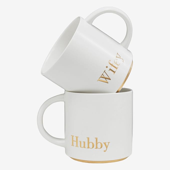 COLLECTIVE HOME Hubby & Wifey Ceramic Coffee Mug Set, 15oz, 2-Piece | Luxury Wedding Gift for Couples, Elegant Coffee Cups for Newlyweds, Anniversary & Engagement Gift, Gift Box Set