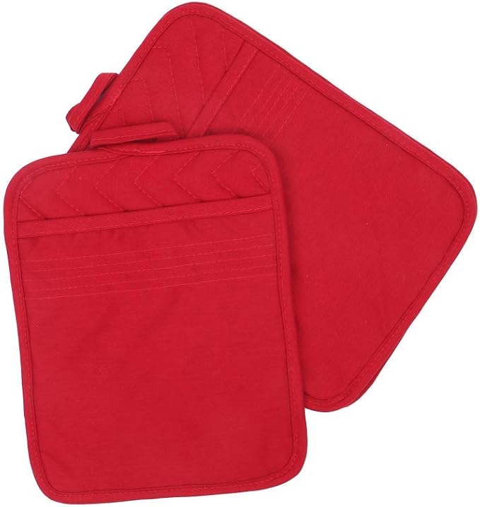 Anyi Pot Holders for Kitchen Heat Resistant, Cotton Hot Pads for Counter Table, Red Kitchen Pot Holders with Pocket