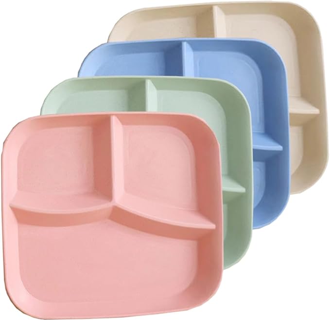 Unbreakable Wheat Straw Dinner Plates for Healthy Eating - 10 Inch Divided Portion Control Plates, 4 Pack BPA Free, Suitable for Kids & Adults, Perfect for Picnics