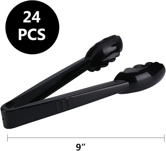 24 Pieces Plastic Serving Tongs, Scalloped Grip Disposable Salad Tongs, 9" Heavy-Duty Serving Utensils, BPA-Free, Perfect for Buffets, BBQ, Parties & Catering Ice Food, Black