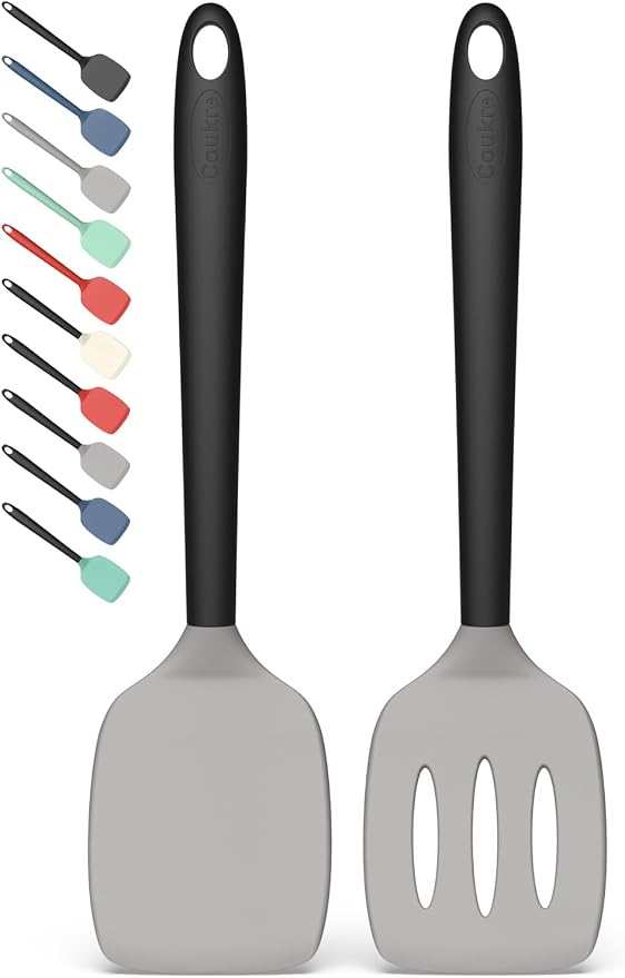 Coukre 2 Pack Silicone Spatula Set,High Heat Resistant, BPA-Free | Dishwasher Safe Kitchen Spatula for Nonstick Pans, Solid & Slotted Turners for Cooking, Sautéing, and Flipping, GrayBlack