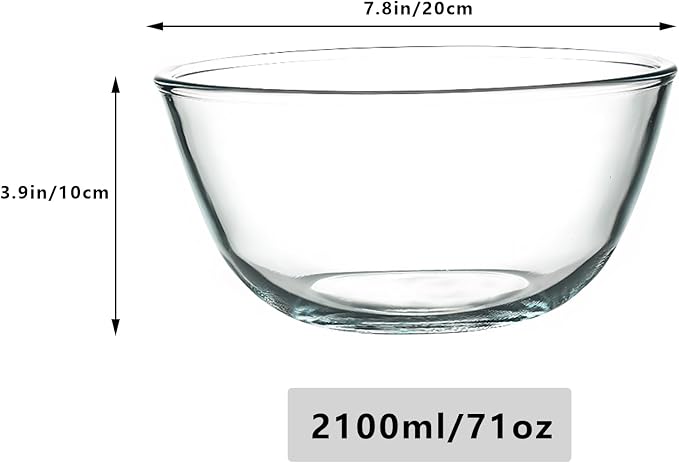 2.1 QT Borosilicate Glass Mixing Bowls Set of 2 (7.8 inch Diameter) for Cooking Baking Prepping Dishwasher & Microwave & Oven Safe, 71oz Breads Proofing Bowl