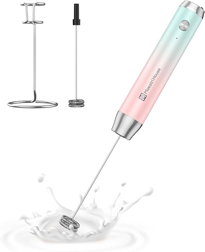 Maestri House LunaFro Rechargeable Milk Frother,Stand & 2 Detachable Whisks | 8000RPM Turbo Motor, 1200mAh lithium battery, Handheld Milk Frother for Lattes, Cappuccino, Matcha & Powdered Supplements