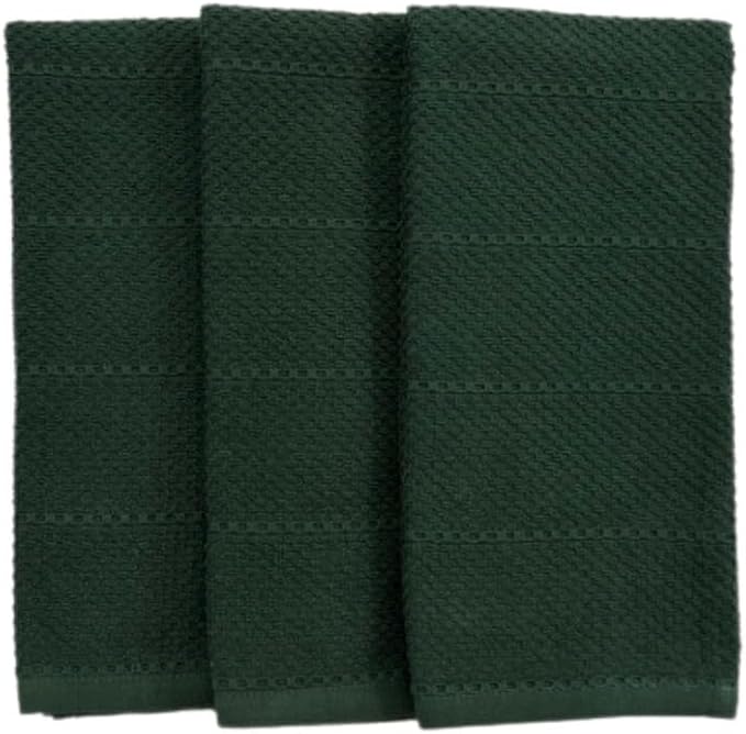 Dark Green Kitchen Hand Dish Towels, Set of 3, 100% Cotton, 18" x 28" | Terry Loop Textured, Soft & Absorbent Cleaning Cloth, Quick Dry, Multipurpose for Everyday Use