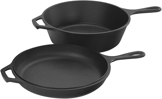 Cast Iron Double Dutch Oven Pot with Skillet Lid, Cast Iron Combo Cooker, Skillet with Lid, Deep Pot with Frying Pan for Bread Baking, Outdoor, Campfire Cooking (3 Quarts)