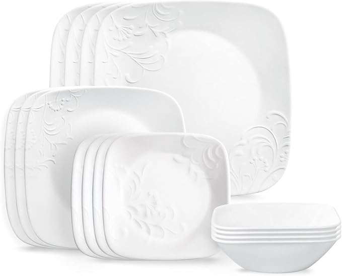 Corelle Cherish 16pc Dinnerware Set, Service for 4, 8 Plates 8 Bowls, Chip & Break Resistant, White Corelleware | Chip & Break Resistant, White Corelleware