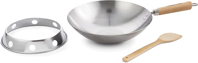 Helen's Asian Kitchen Carbon Steel 4-Piece Wok Set, 12-Inch Round Bottom Wok