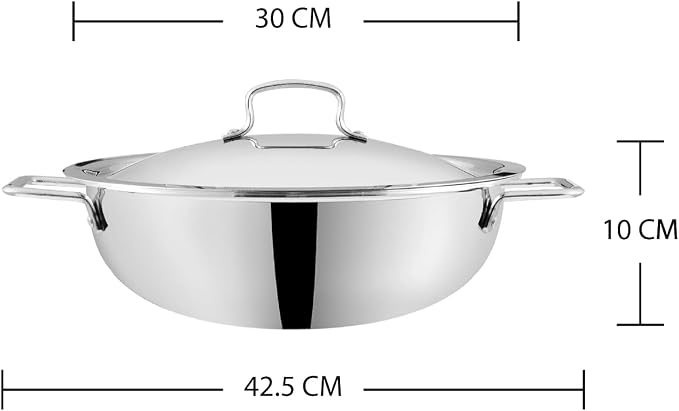 Vinod Platinum Triply Kadai, Extra Deep, 30cm, Induction, for Home Kitchen | Stainless Steel Wok For Sauces, Stews And Soups; Electric Stove Compatible, Durable Tri-Ply Base