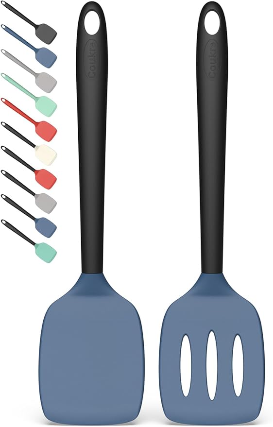 Coukre 2 Pack Silicone Spatula Set,High Heat Resistant, BPA-Free | Dishwasher Safe Kitchen Spatula for Nonstick Pans, Solid & Slotted Turners for Cooking, Sautéing, and Flipping, DarkBlueBlack