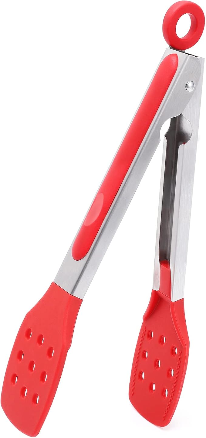 9 Inch Kitchen Tongs, Stainless Steel Cooking Tongs with Silicone Tips | For Cooking/Serving/Grilling | Heat-Resistant | Food-Grade Material | Dishwasher Safe | Red