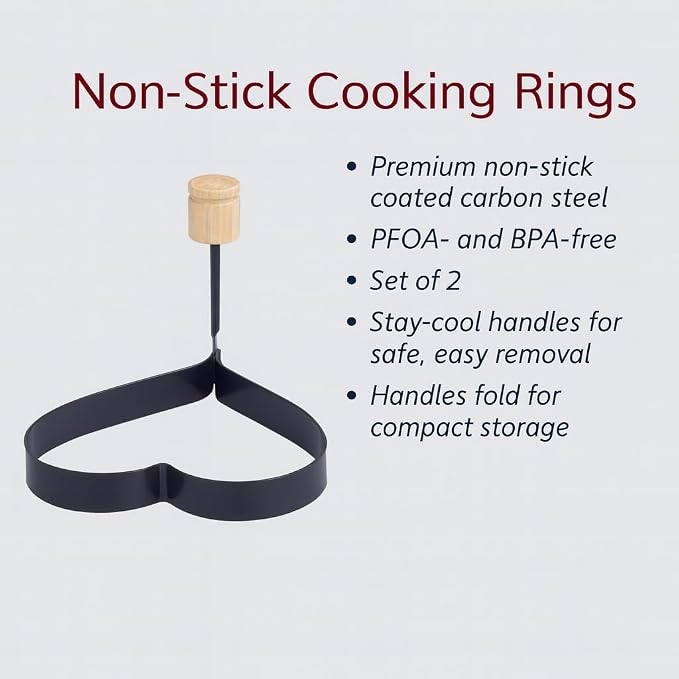HIC Kitchen Non-Stick Egg and Pancake Cooking Rings, Heart Shaped, Non-Stick Carbon Steel; PFOA and BPA Free, Set of 2