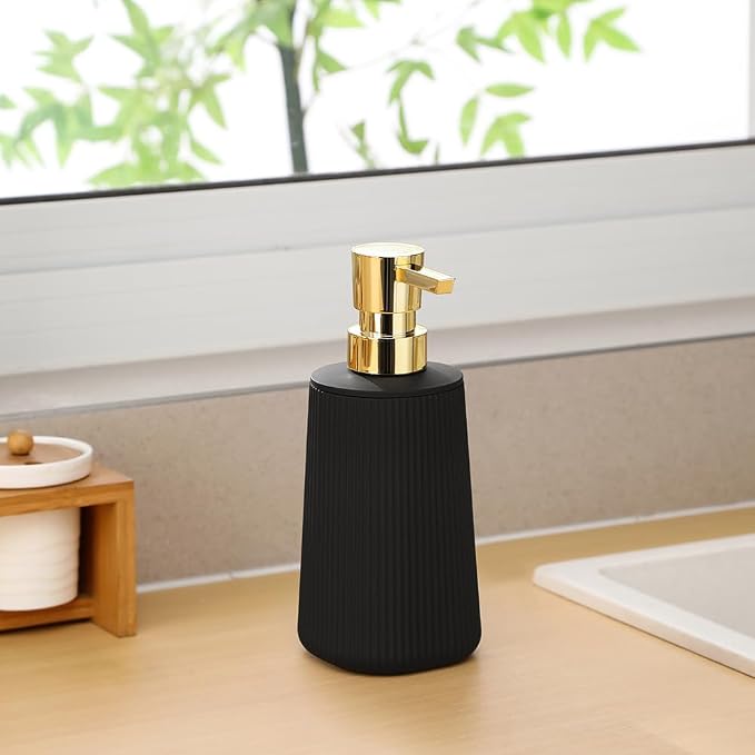 YAUKPH Small Soap Dispenser for Bathroom and Kitchen Matte Black and Gold | Modern Farmhouse Striped Style Plastic Hand Soap Dish Soap Dispenser with Pump
