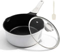 2.5 Qt Saucepan with Lid, Nonstick Sauce Pot with Pour Spout, White | Milk Pot with Detachable Handle, Compatible for All Stoves Including Induction, Oven Safe, PFOA PFAS PTFE Free