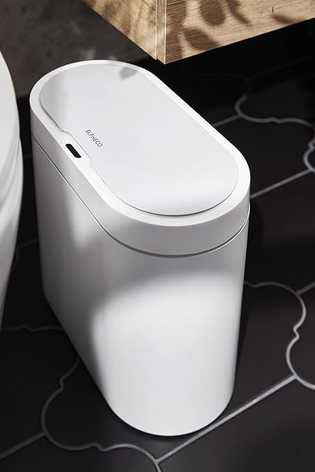 ELPHECO Bathroom Trash Can with lid 2.5 Gallon Motion Sensor White and Gray | Slim Wastebasket, Automatic Trash Bin Bathroom Decor for Bedroom and Office