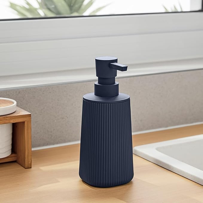 Small Soap Dispenser for Bathroom and Kitchen Matte Blue | Modern Farmhouse Striped Style Plastic Hand Soap Dish Soap Dispenser with Pump