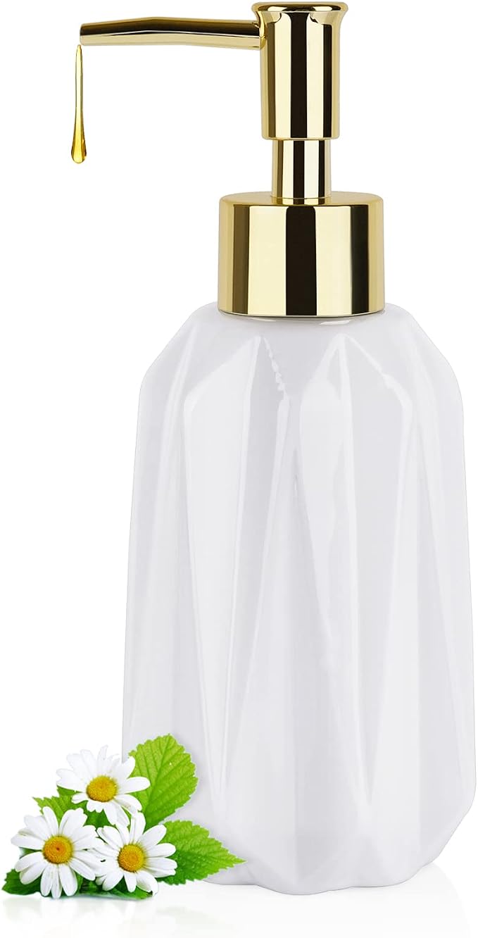 14OZ Hand Soap Dispenser for Bathroom and Kitchen, Ceramic (New White) | Refillable Hand Soap Dish Soap Dispenser, Great for Kitchen Sink, Liquid, Essential Oil & Lotion, Pump Dispenser Bottle