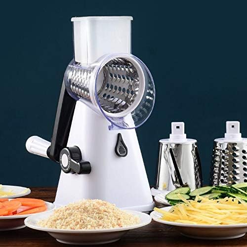 Manual Rotary Cheese Grater, Potato Slicer Cutter Hand Crank, Kitchen Mandoline Vegetable Shredder, with 3 Interchangeable Blades (White)