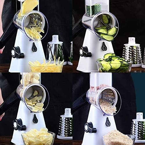 Manual Rotary Cheese Grater, Potato Slicer Cutter Hand Crank, Kitchen Mandoline Vegetable Shredder, with 3 Interchangeable Blades (White)