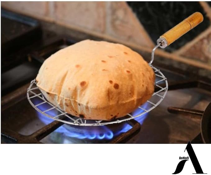 AnNafi® Wire Rack for Cooking Roti, Chapati & Bread | Stainless Steel Cooking Wire Rack for Gas Stove Roasting | BBQ & Barbecue Grilling Rack Mesh with Wooden Handle | Phulka & Papad Roaster