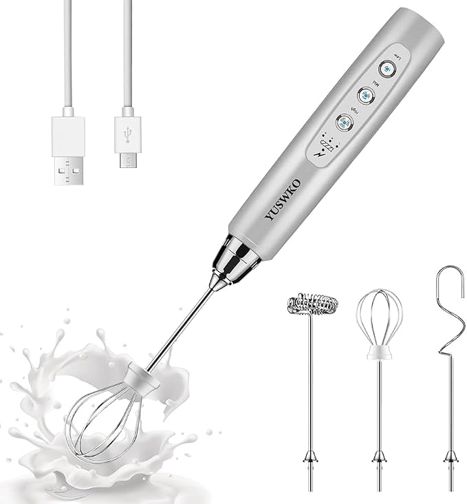 YUSWKO Handheld Milk Frother Wand for Coffee, Rechargeable Electric Whisk with 3 Heads 3 Speeds Drink Mixer Coffee Frother For Latte, Cappuccino, Hot Chocolate, Egg, Silver