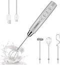 YUSWKO Handheld Milk Frother Wand for Coffee, Rechargeable Electric Whisk with 3 Heads 3 Speeds Drink Mixer Coffee Frother For Latte, Cappuccino, Hot Chocolate, Egg, Silver