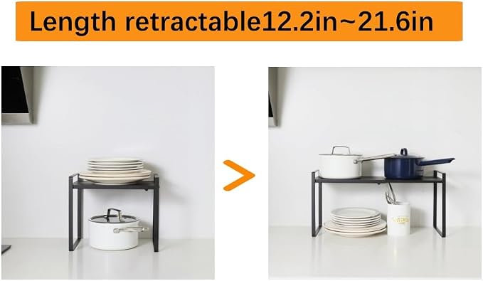 2 Pack Expandable Cabinet Shelf Organizer Riser for Kitchen Pantry Cupboard Under Sink Countertop (2 pack 8.2’’D * 12.2-21.6’’W * 10.4’’H) (Black)