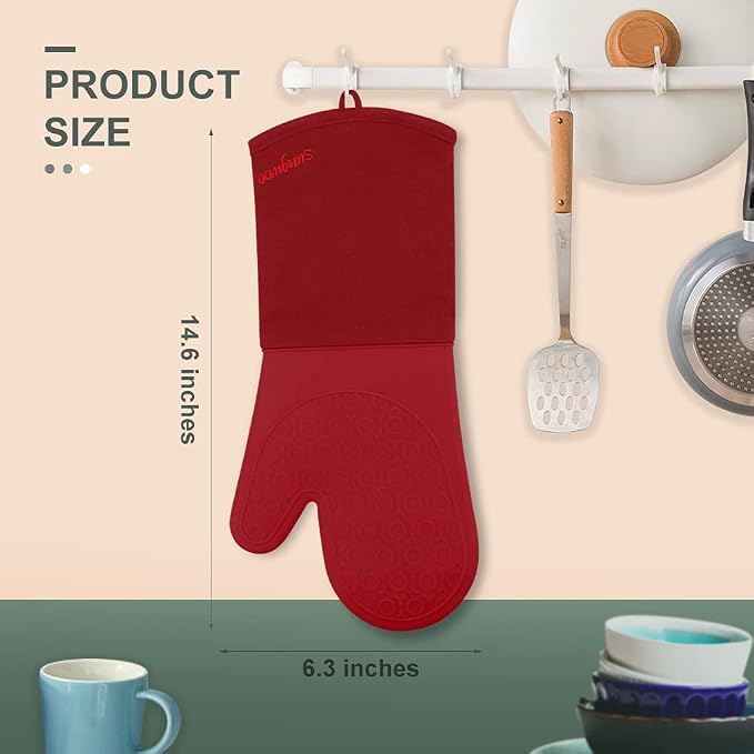 sungwoo Extra Long Silicone Oven Mitts, Heat Resistant Oven Gloves with Quilted Liner Non-Slip Textured Grip Perfect for BBQ, Baking, Cooking and Grilling - 1 Pair 14.6 Inch Empire Red