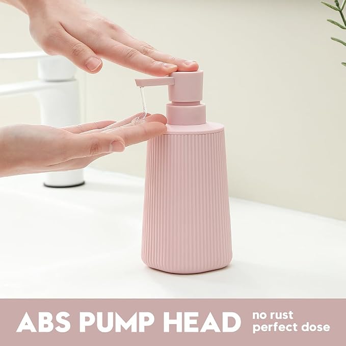 YAUKPH Small Soap Dispenser for Bathroom and Kitchen Matte Pink for Girls | Modern Farmhouse Striped Style Plastic Hand Soap Dish Soap Dispenser with Pump