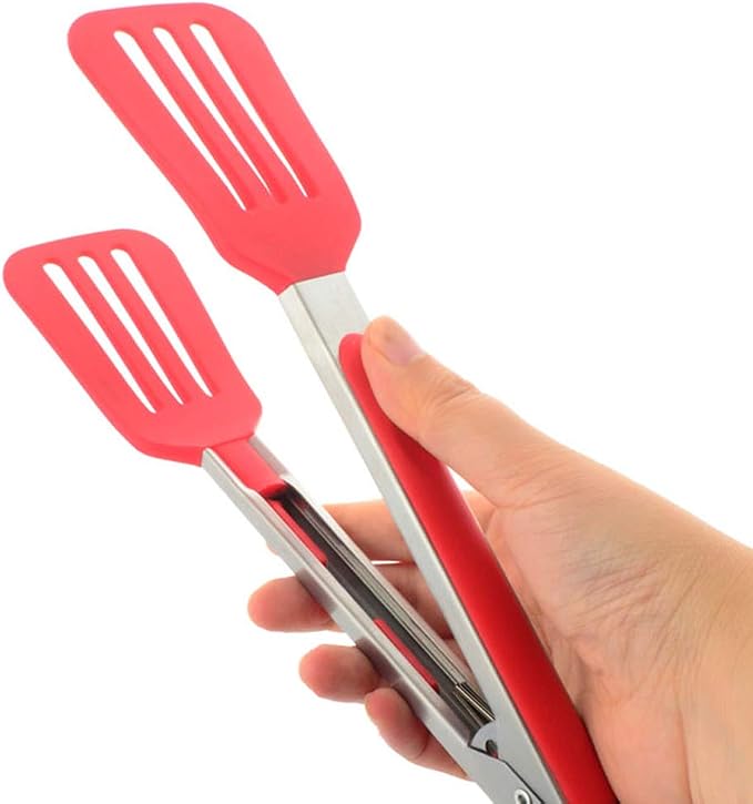 Cooking Tongs 9" and 12" Stainless Steel Kitchen Silicone Serving Tongs | Heat Resistant Meat Turner Spatula Tong Fish Tongs for Grilling Steak Salad Pasta Buffet Serving (Red)