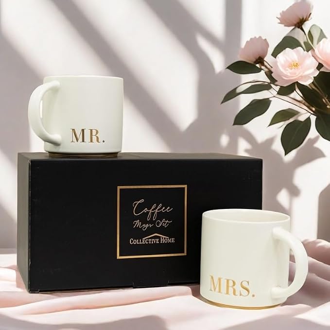COLLECTIVE HOME Mr. & Mrs. Ceramic Coffee Mug Set, 15oz, 2-Piece | Luxury Wedding Gift for Couples, Elegant Coffee Cups for Newlyweds, Anniversary & Engagement Gift, Gift Box Set