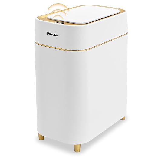 Pukomc Automatic Small Sensor Trash Can with Touchless Lid | 2.3 Gallon / 9L Smart Garbage Can, Quiet Close White Gold Waste Bin - Perfect for Kitchen, Living Room & Small Spaces