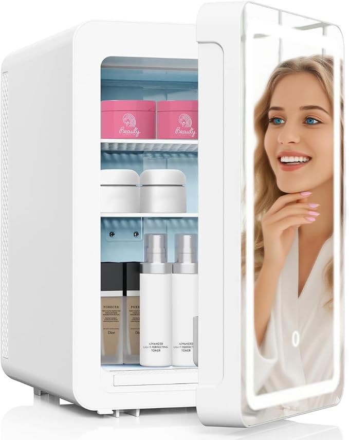 Kikihouse 16L/20L Skincare Fridge with LED Mirror, Small Fridge for Makeup | Portable Skin Care Fridge for Beauty, Cosmetics, Personal Mini Refrigerator for Food, Office, Dorm, Car, Cooler & Warmer