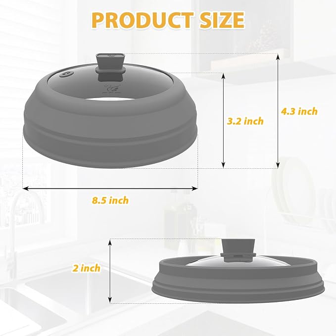 Microwave Splatter Cover Glass Splatter Guard Lid with Collapsible Silicone for Small Bowls Food Plate Cover 8.5 inch Grey