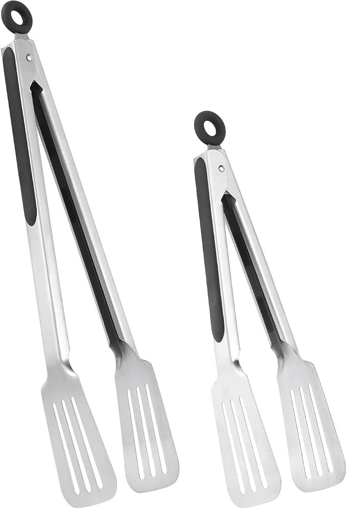 Tongs for Cooking, Set of 2 Metal Spatula Tongs for Grilling, Black | 9 inch & 12 inch, Flat Spatula Head, Comfortable Handle, Strong Grip, Easy Pull Lock, Flipping Utensil